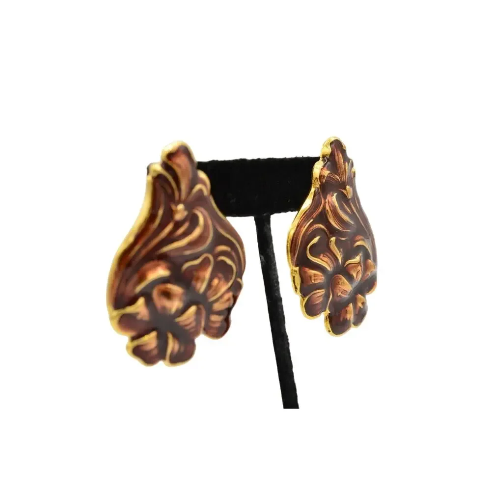 Vintage Statement Floral Abstract Enamel Earrings Brown Gold Chunky NOS 80s 9L